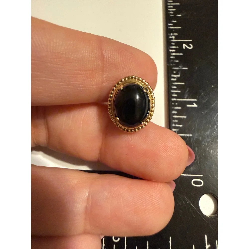 Vintage Gold Tone Black Onyx Cabochon Lapel Pin Beaded Border Hat Tie Tac